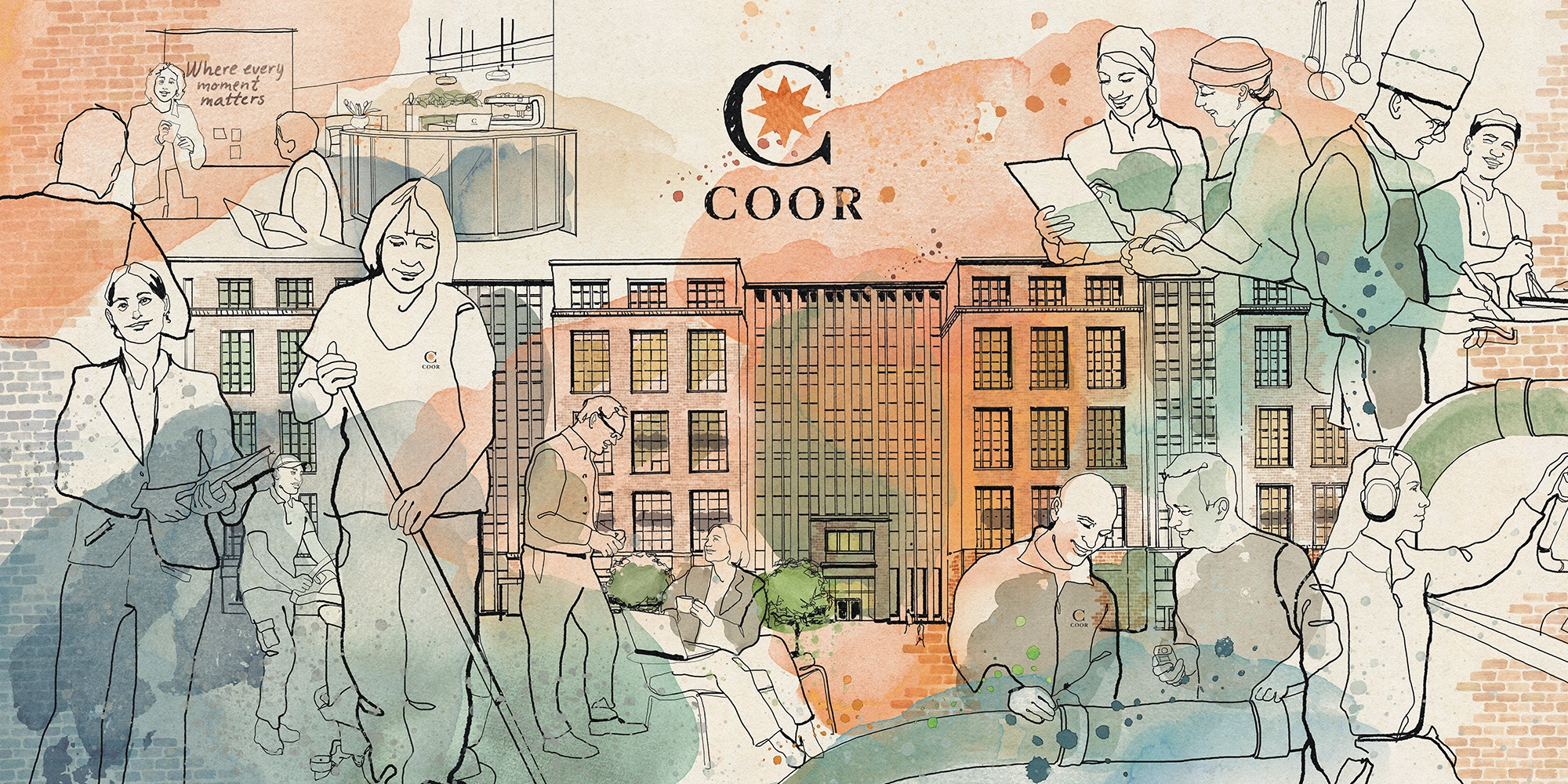 Art showing Coor's service offering with the company's headquarters in the background