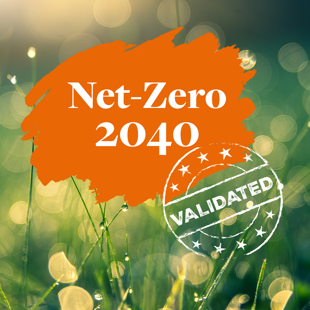 Meadow with an orange splash with the text Net-Zero 2040 validated