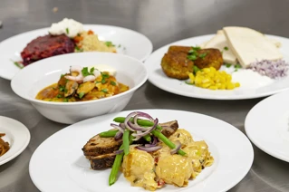 Assorted gourmet dishes on a stainless steel kitchen counter, featuring international cuisine ready for service.
