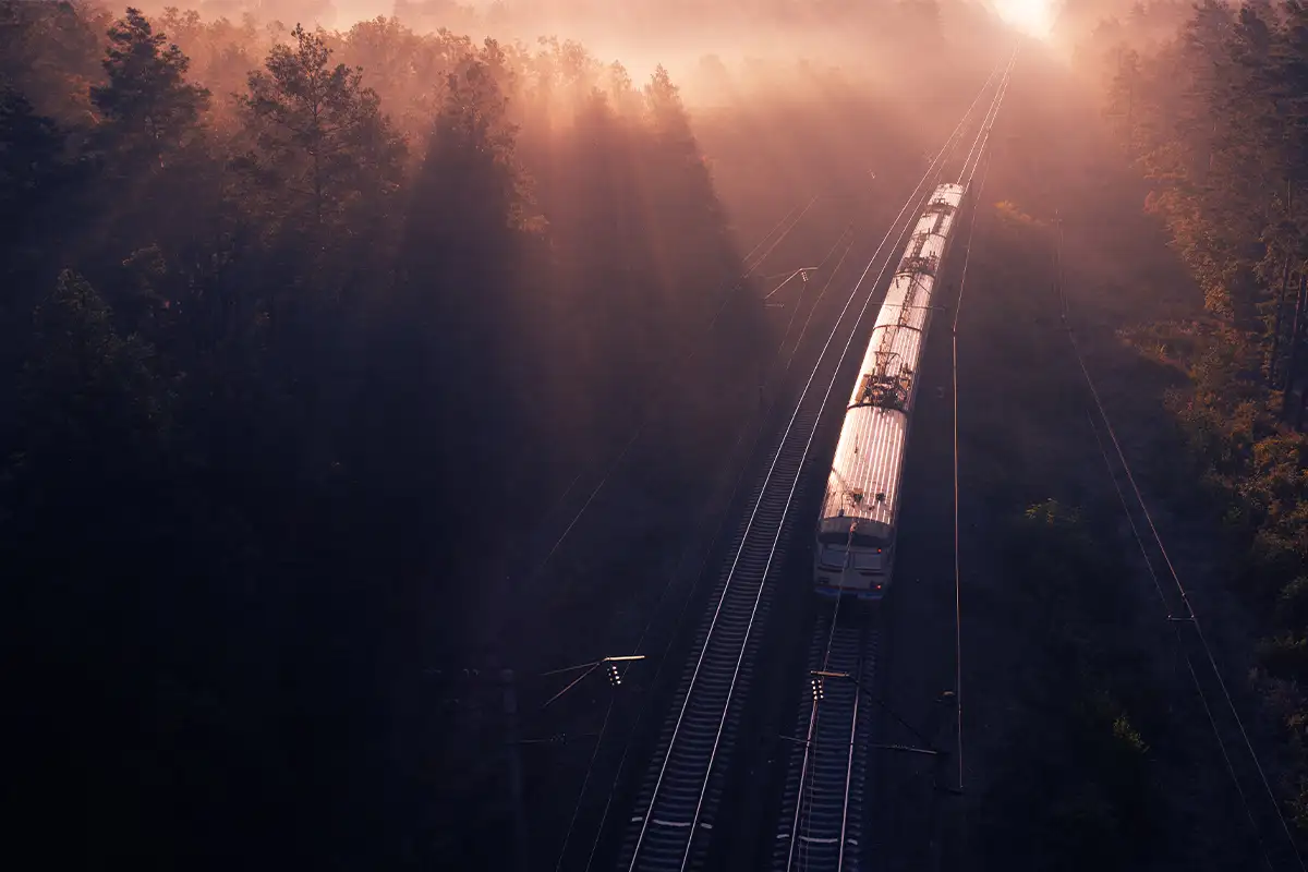 A train running in the sunset