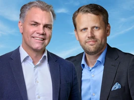 Ola Klingenborg, CEO and President of Coor, and Andreas Engdahl, CFO in front of a blue sky