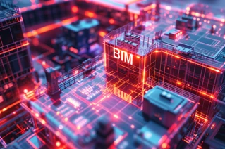 3D digital illustration of Building Information Modeling (BIM) concept with glowing red and blue schematic design of building structures