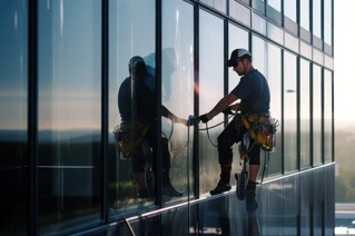 Man hanging in a harness and cleaning the windows of a high building